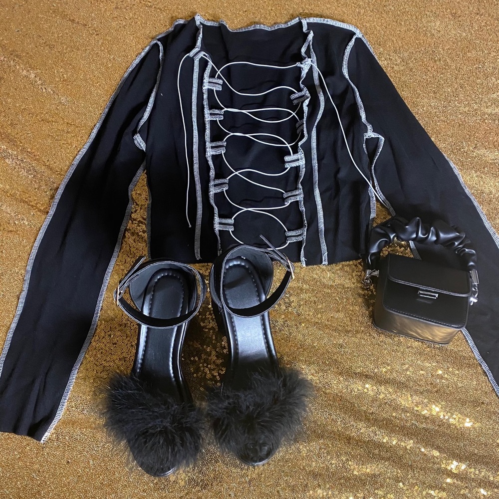 Black sexy lace up ribbed long sleeve top